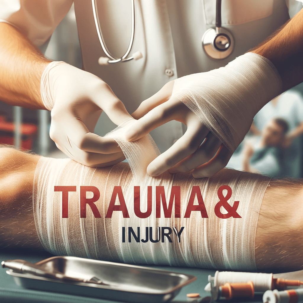 A man with a bandage on his leg and the words trauma and injury.