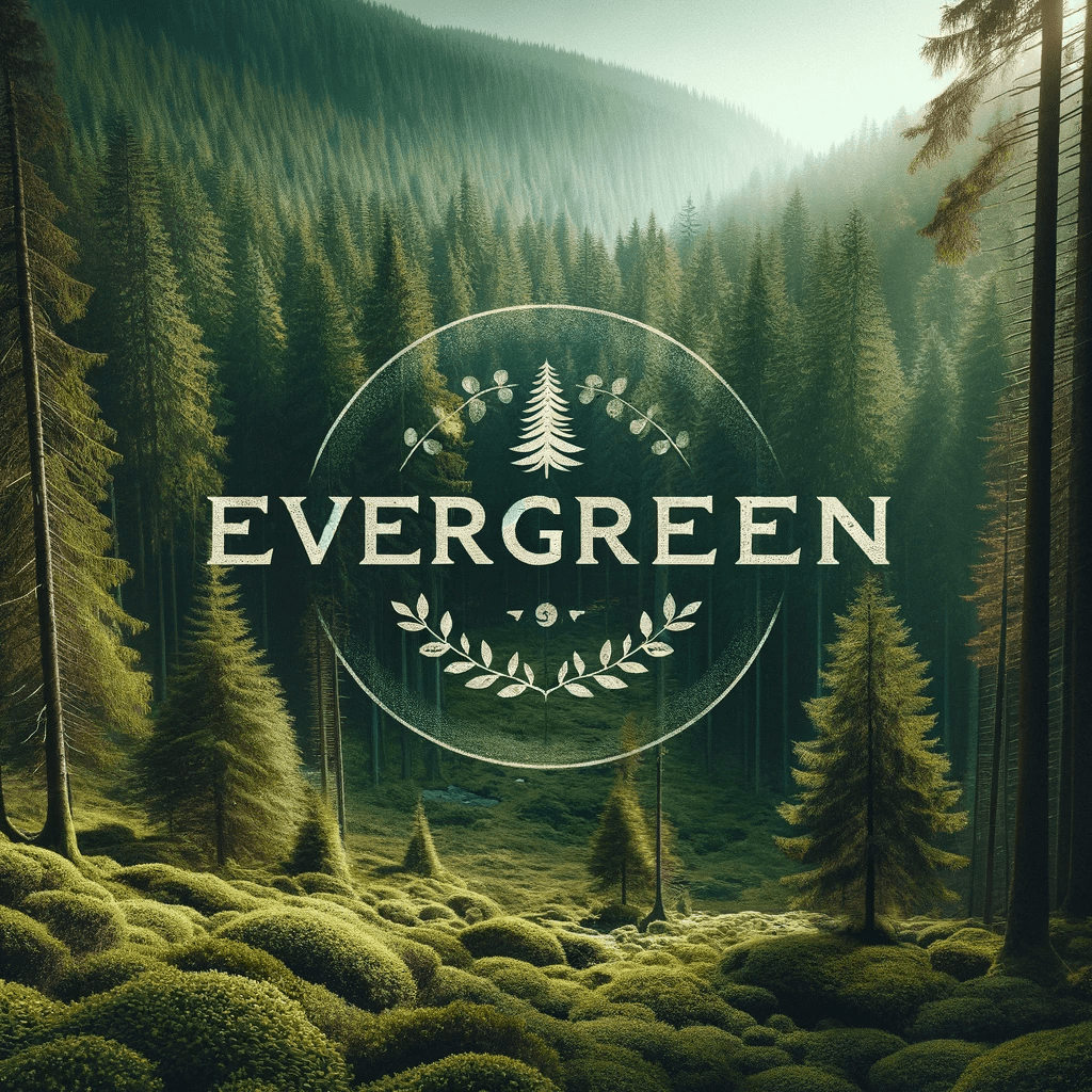 Evergreen logo with trees in the background.