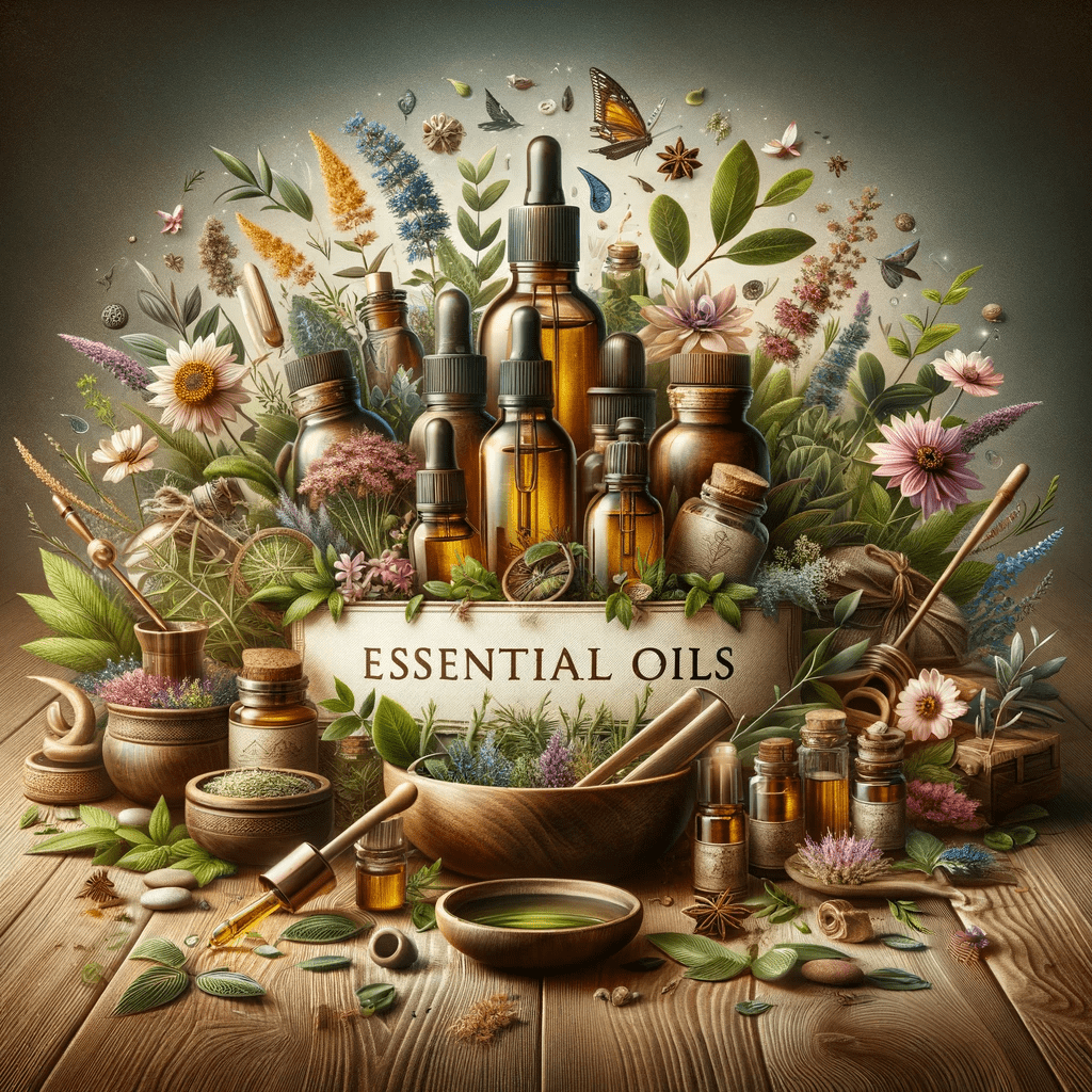 An illustration of essential oils on a wooden table.