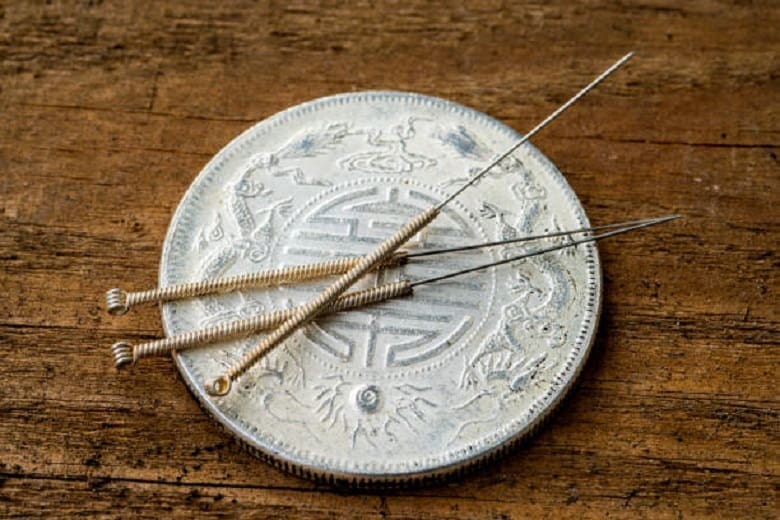 A silver coin with needles on it.