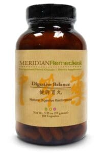A bottle of meridian remedies digestive balance dietary supplement with natural ingredients, 100 capsules.