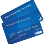 Two blue debit cards. One is labeled "Health Savings Account" and the other "Flexible Spending Account" with the name "A. Miller" and number "4000 1234 5678 9010". Both show the Visa logo, perfect for covering wellness expenses like acupuncture in Prospect Heights.