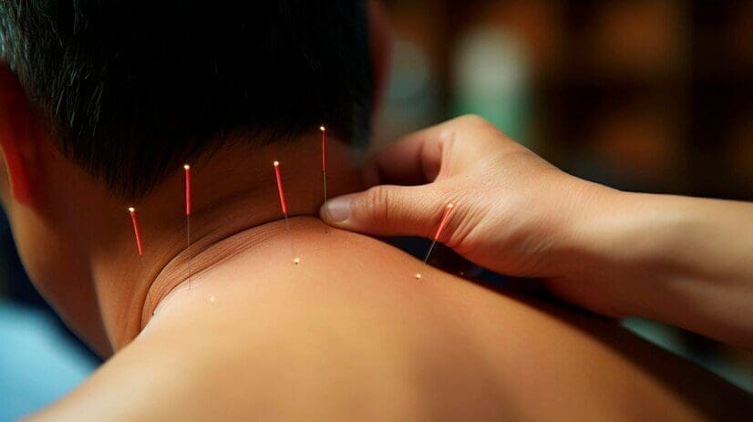 A person receiving acupuncture treatment with multiple needles inserted into the back of their neck.