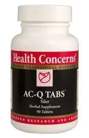 White bottle labeled "Health Concerns AC-Q Tabs." Herbal supplement with 90 tablets.