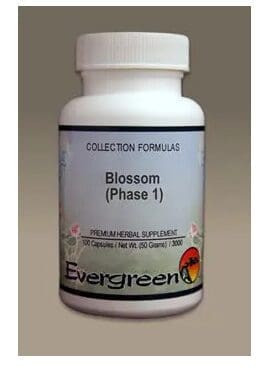 A bottle of "Blossom (Phase 1)" herbal supplement from Evergreen, containing 100 capsules and weighing 90 grams.