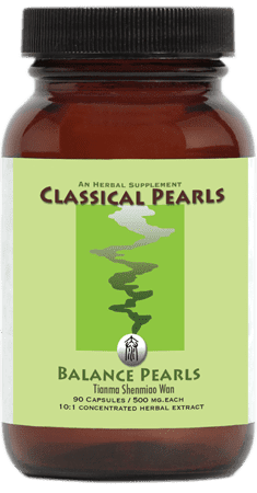 A brown bottle labeled "Classical Pearls" containing 90 capsules of herbal supplement (500 mg each). "Balance Pearls" and "Tianma Shenmai Wan" are also part of the label.