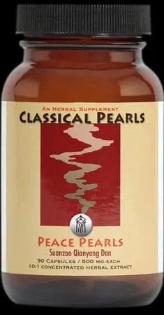 A brown bottle labeled "Classical Pearls Peace Pearls" containing 90 capsules of 500 mg each, described as a 10:1 concentrated herbal extract supplement.